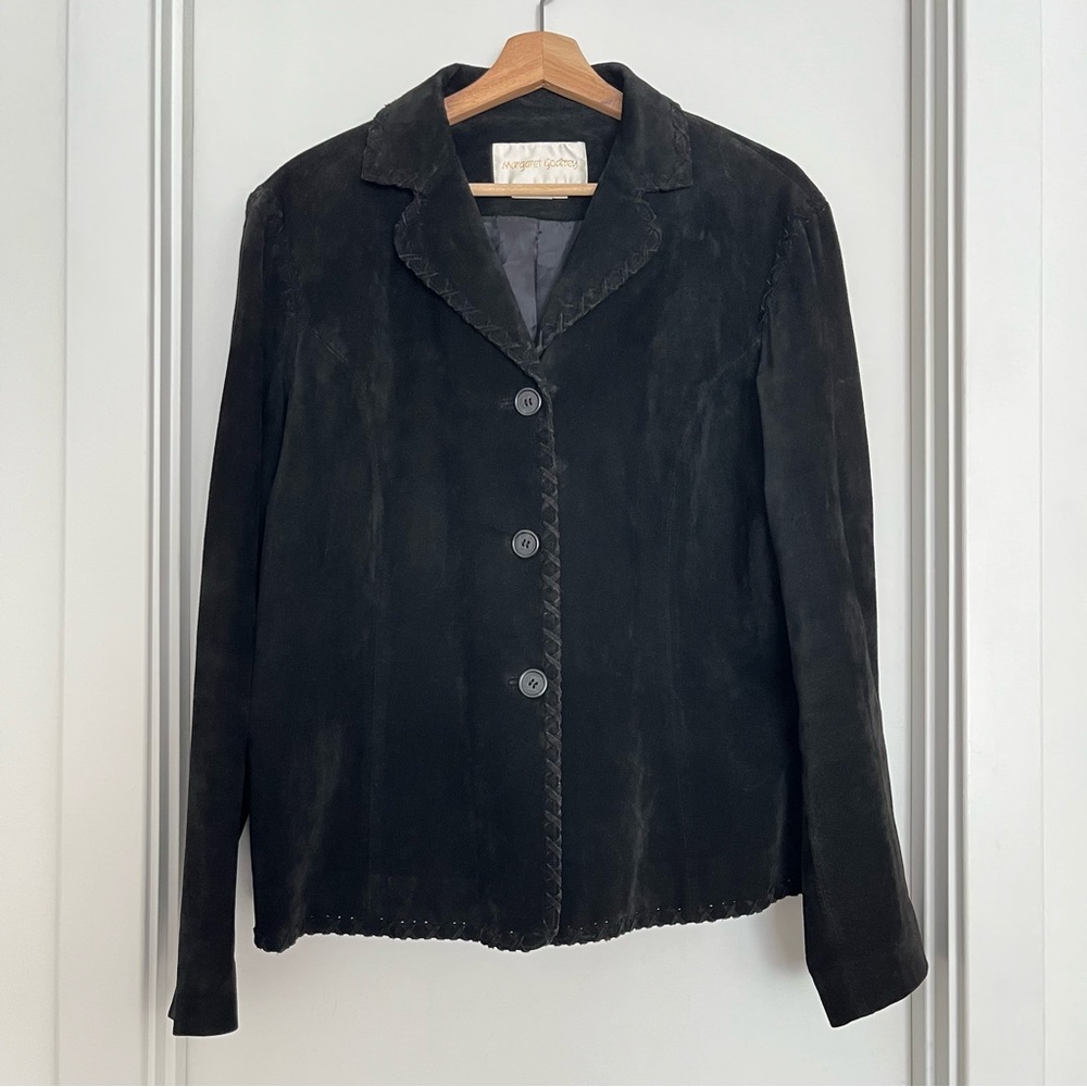 Vintage Margaret Godfrey Women's Black Suede Jacket Size 16 Blanket Stitch Boho